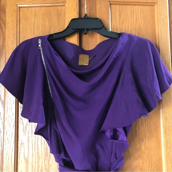 Ali Ro Purple Drape Neck Flutter Sleeve Silk Blend Mini Dress - Picture 3 of 14